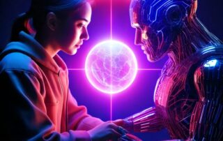 Image depicts a human and AI collaborating