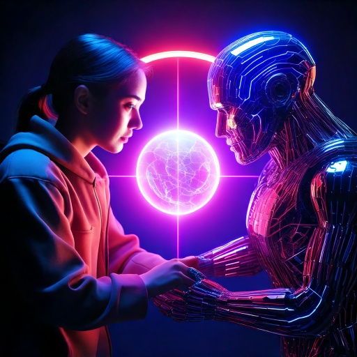 Image depicts a human and AI collaborating